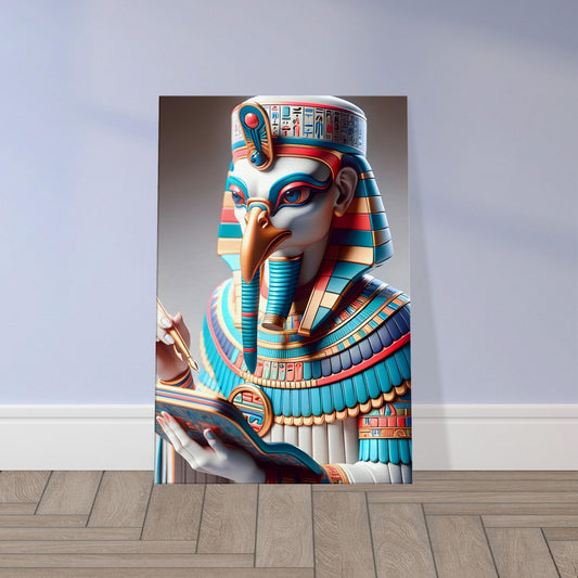 Egyptian god Thoth with ibis head holding a writing palette and pen, surrounded by symbols of knowledge and cosmic wisdom.