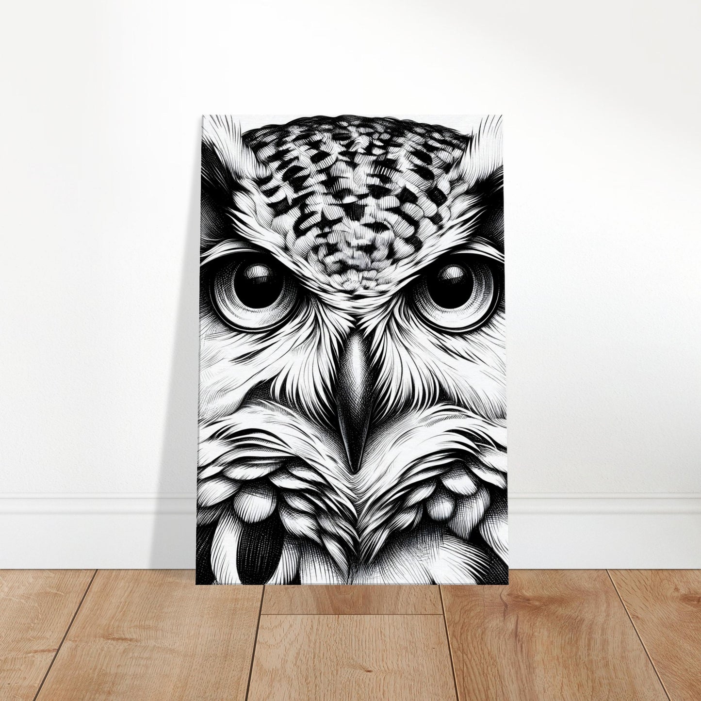 Pencil sketch of a wise owl perched on moonlit branches with detailed feathers and intense gaze.