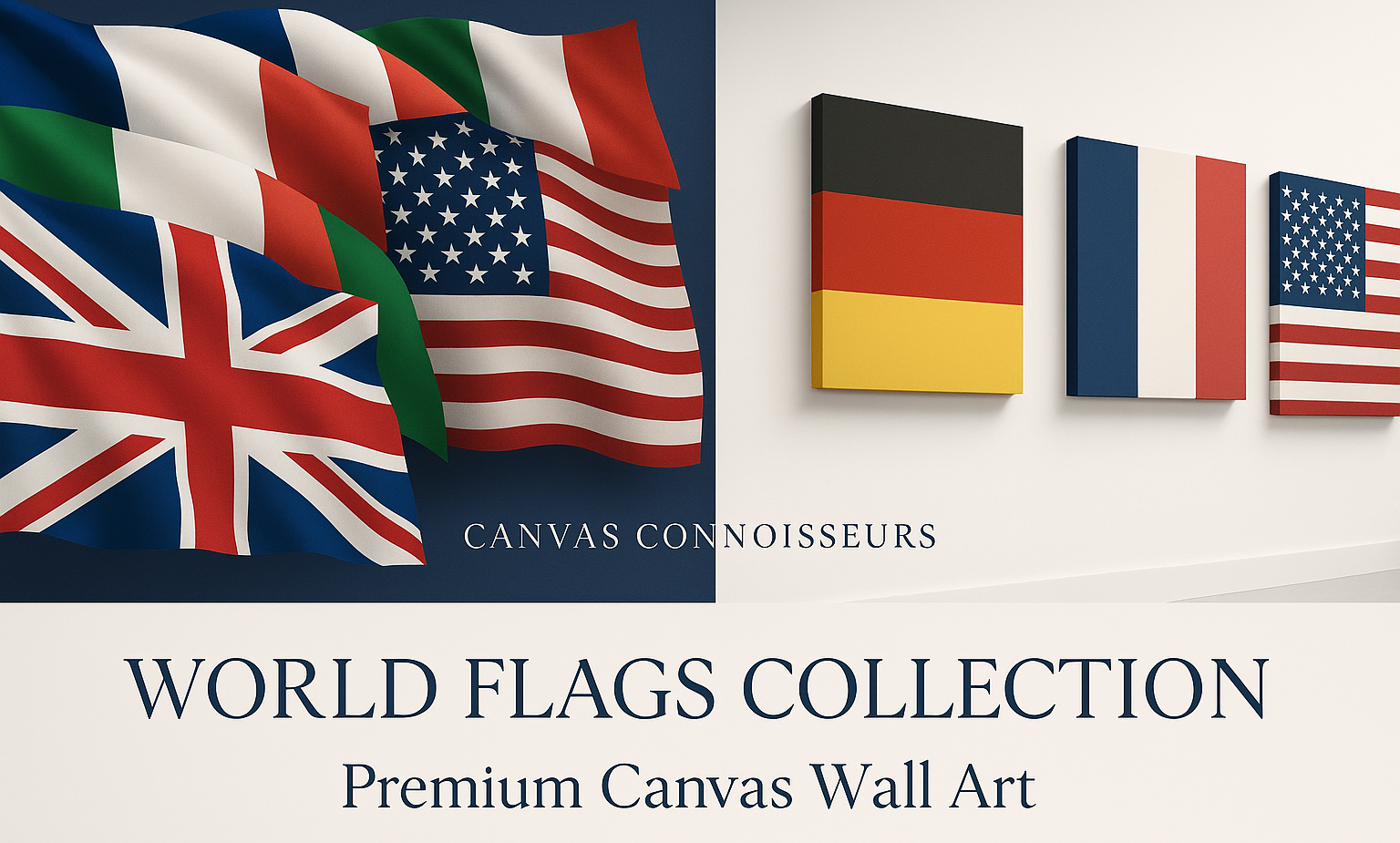 Luxury 3:2 landscape banner for Canvas Connoisseurs’ World Flags Collection, featuring premium canvas wall art of various national flags (UK, USA, Italy, France, Germany) displayed on a minimalist gallery wall with refined white and navy tones, elegant serif typography, and the text ‘WORLD FLAGS COLLECTION, Premium Canvas Wall Art.’