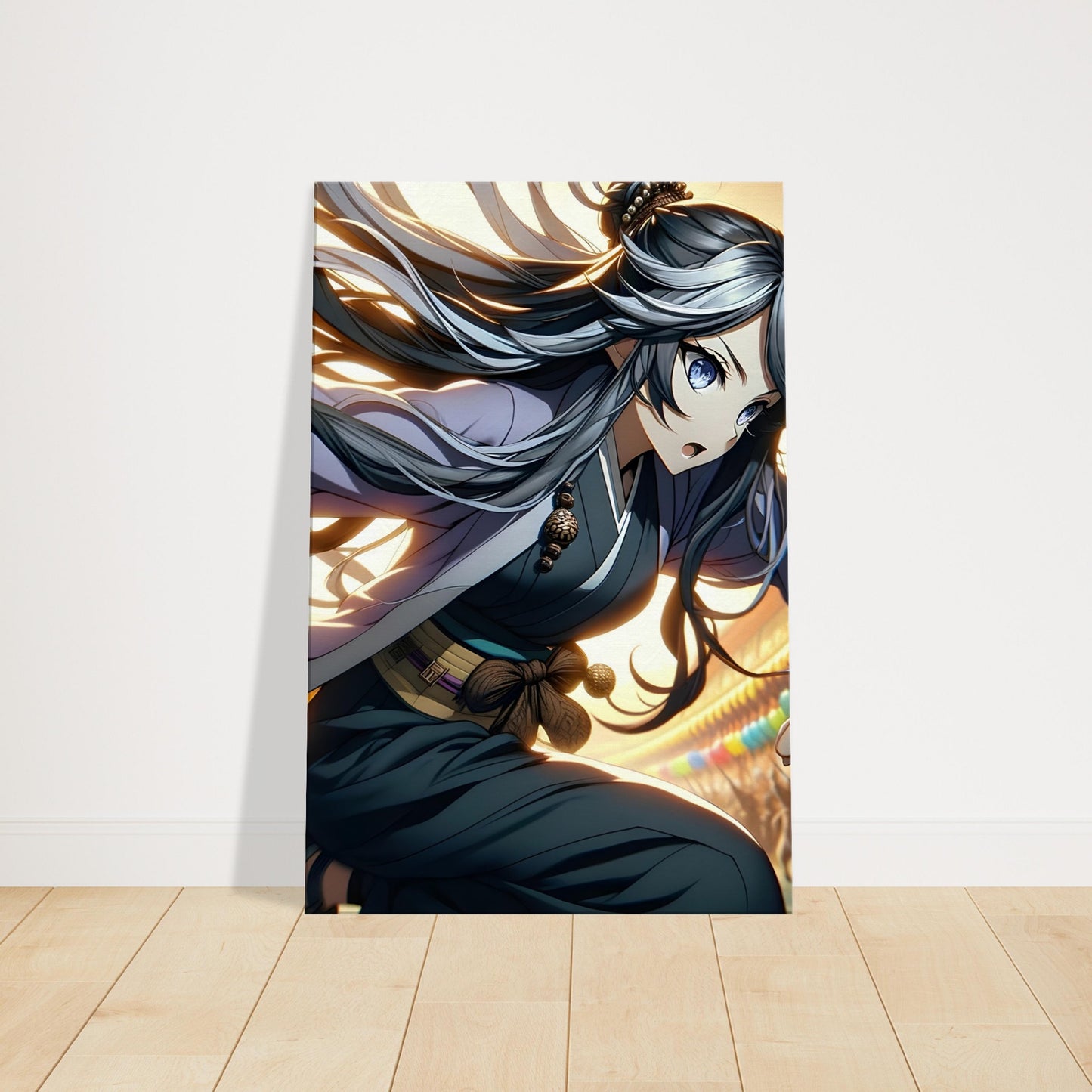 Anime character Yuna with gray hair and battle gear, retreating from a combat scene with motion trails and debris.