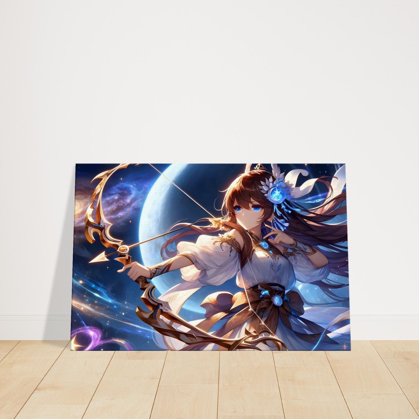 Anime character Yuna with glowing bow and arrows, summoning stars and galaxies in a magical moonlit garden.