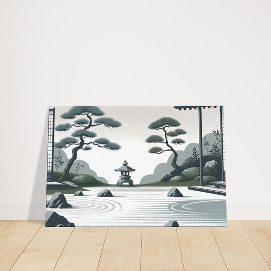Zen garden with raked sand, arranged rocks, and a simple stone lantern in a calm, neutral-toned composition.