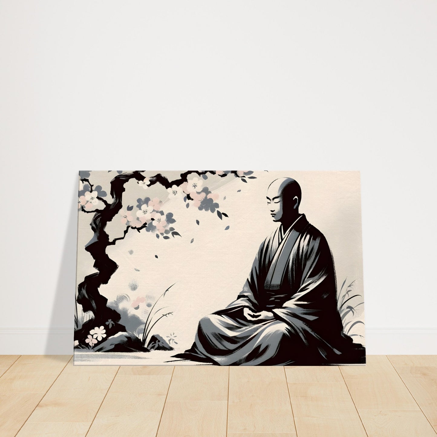 Zen monk seated in meditation under a cherry blossom tree, rendered in fluid brush strokes and a soft, subdued color palette.