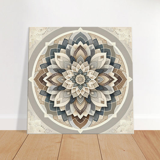 Mandala artwork featuring detailed geometric patterns in a soft neutral color scheme, designed to evoke calm and balance.