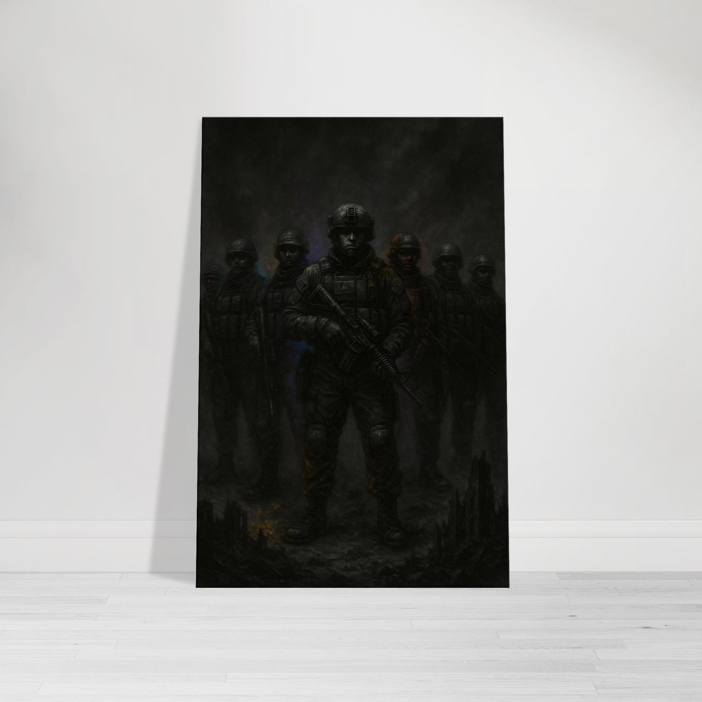 Powerful group military wall art of a band of soldiers ready for battle. Rugged black-and-white style with mixed accent tones from the Warfare Division series.