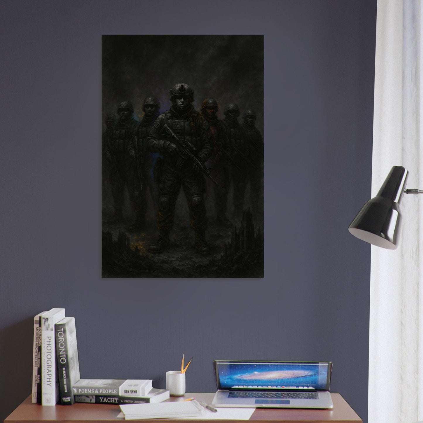 Powerful group military wall art of a band of soldiers ready for battle. Rugged black-and-white style with mixed accent tones from the Warfare Division series.