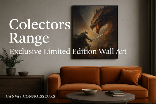 Promotional blog banner for Canvas Connoisseurs Collectors Range showing a luxury living room interior with a dragon-and-knight canvas artwork on the wall, with text “Collectors Range – Exclusive Limited Edition Wall Art” placed beside the artwork.