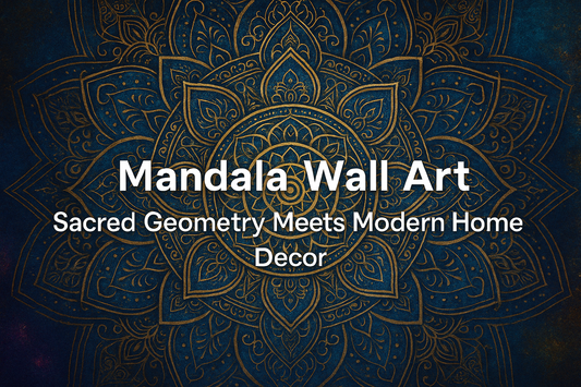 Colorful 3:2 digital mandala artwork featuring symmetrical sacred geometry in rich purple, teal, and gold tones. Banner text reads: ‘Mandala Wall Art – Sacred Geometry Meets Modern Home Decor.