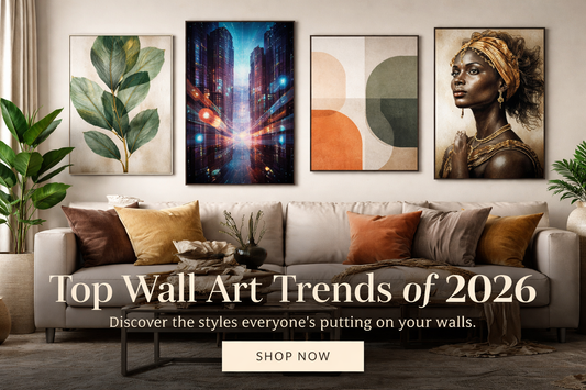 Modern living room with canvas wall art displaying 2026 wall art trends in botanical, abstract, cyberpunk, and cultural styles.