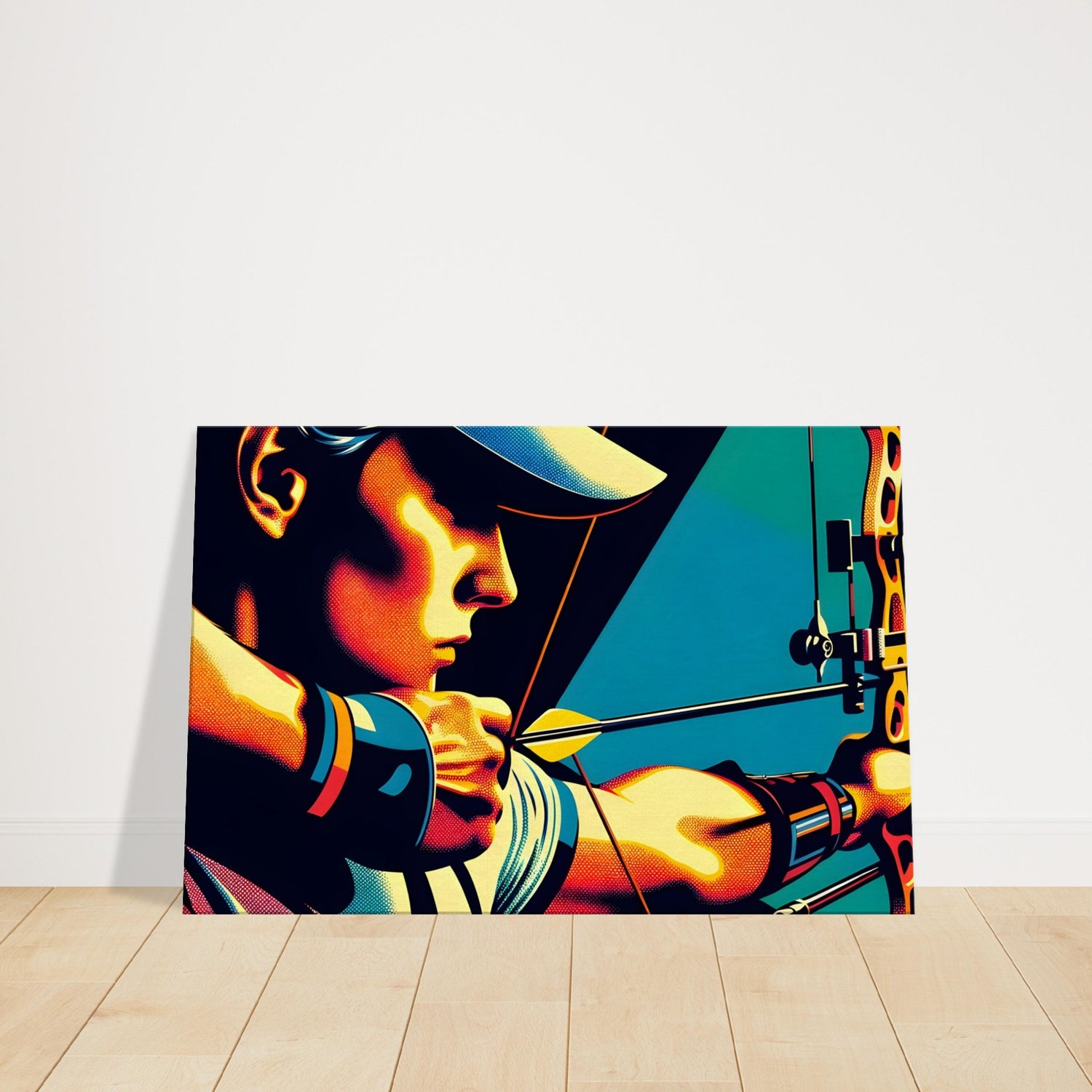 Canvas artwork of an archer in full draw with bold colors and sharp lines, highlighting concentration, precision, and form.