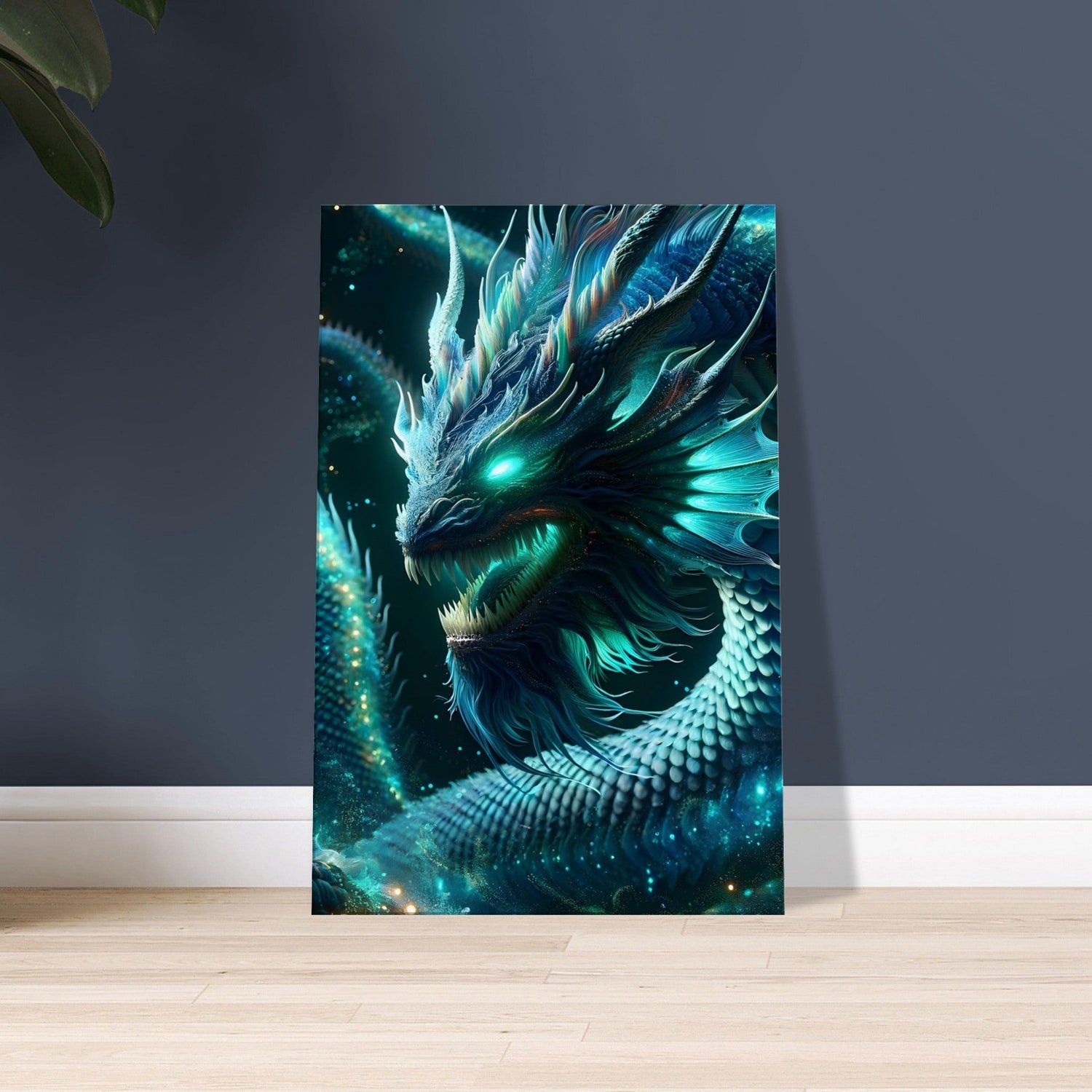 Artwork of a coiled sea serpent with shimmering blue and teal scales surrounded by glowing marine life.