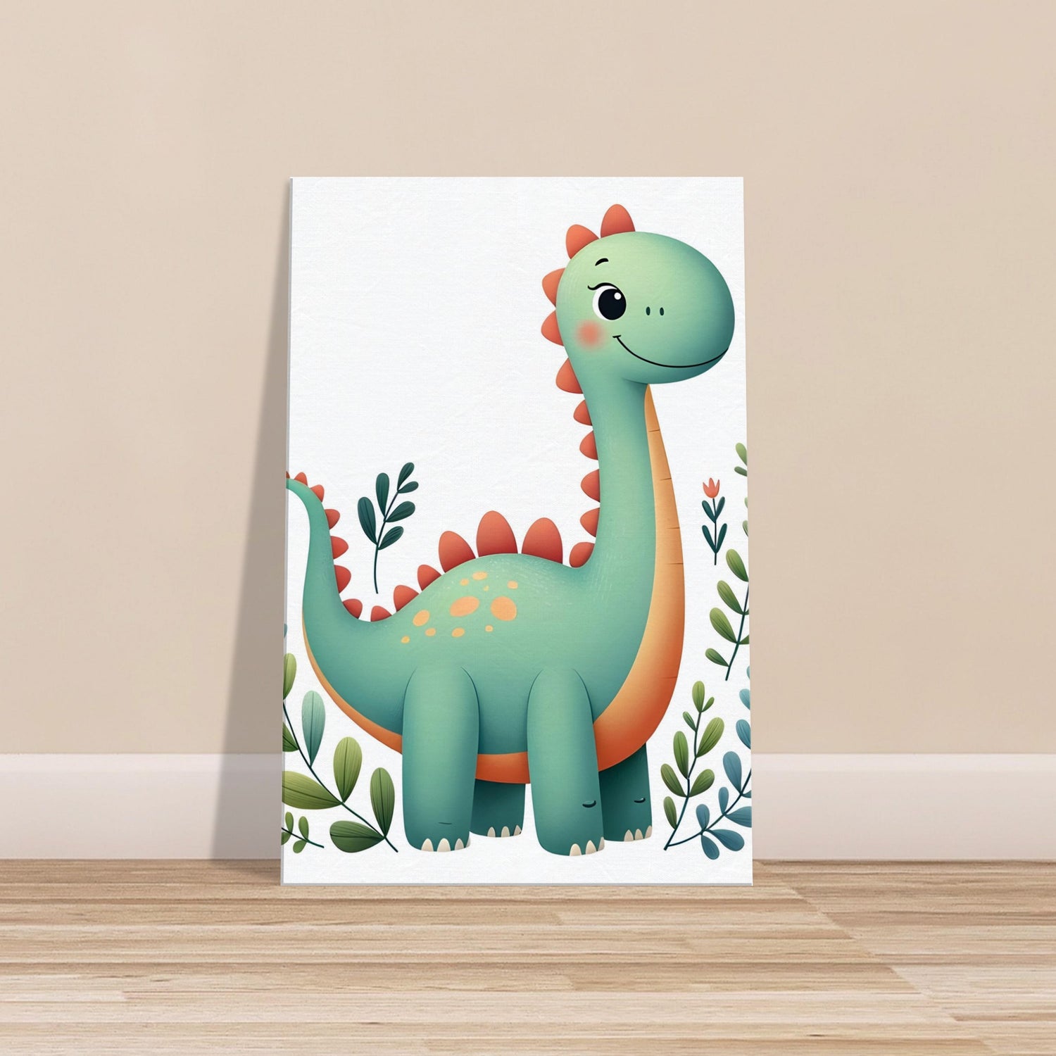 Cartoon-style smiling Brachiosaurus standing among minimalistic green foliage with vibrant colors.
