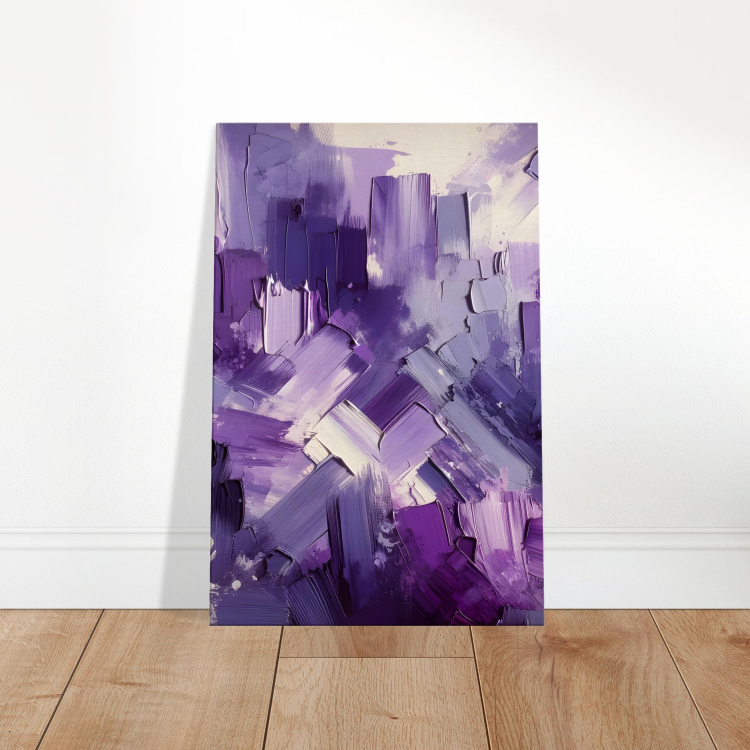 Abstract canvas with thick brushstrokes in soft lavender and deep violet, blending to create a textured purple haze.