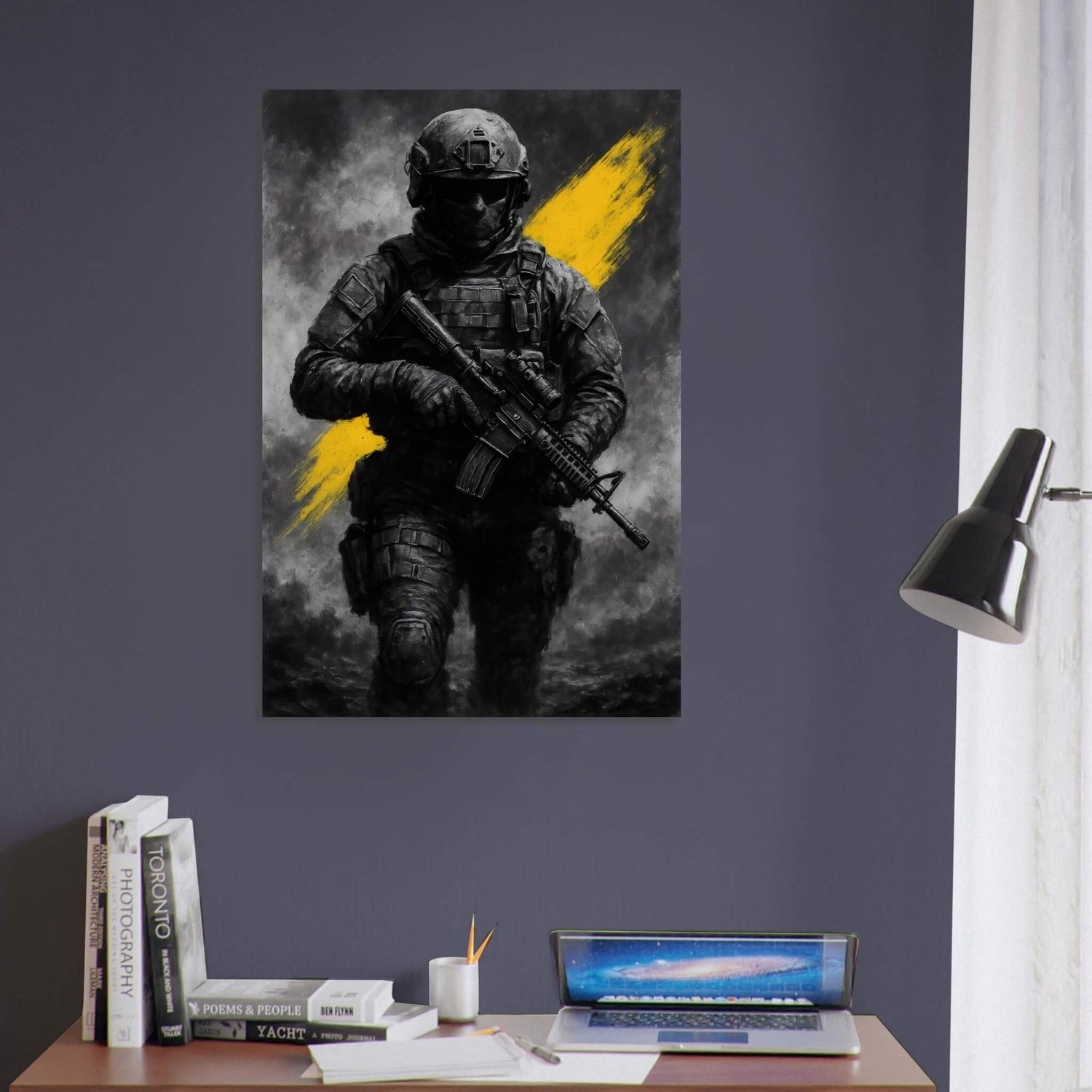 A Soldier Stood in Full Military Attire in the Middle of a Battlefield with a Bold Yellow Streak on the Background.