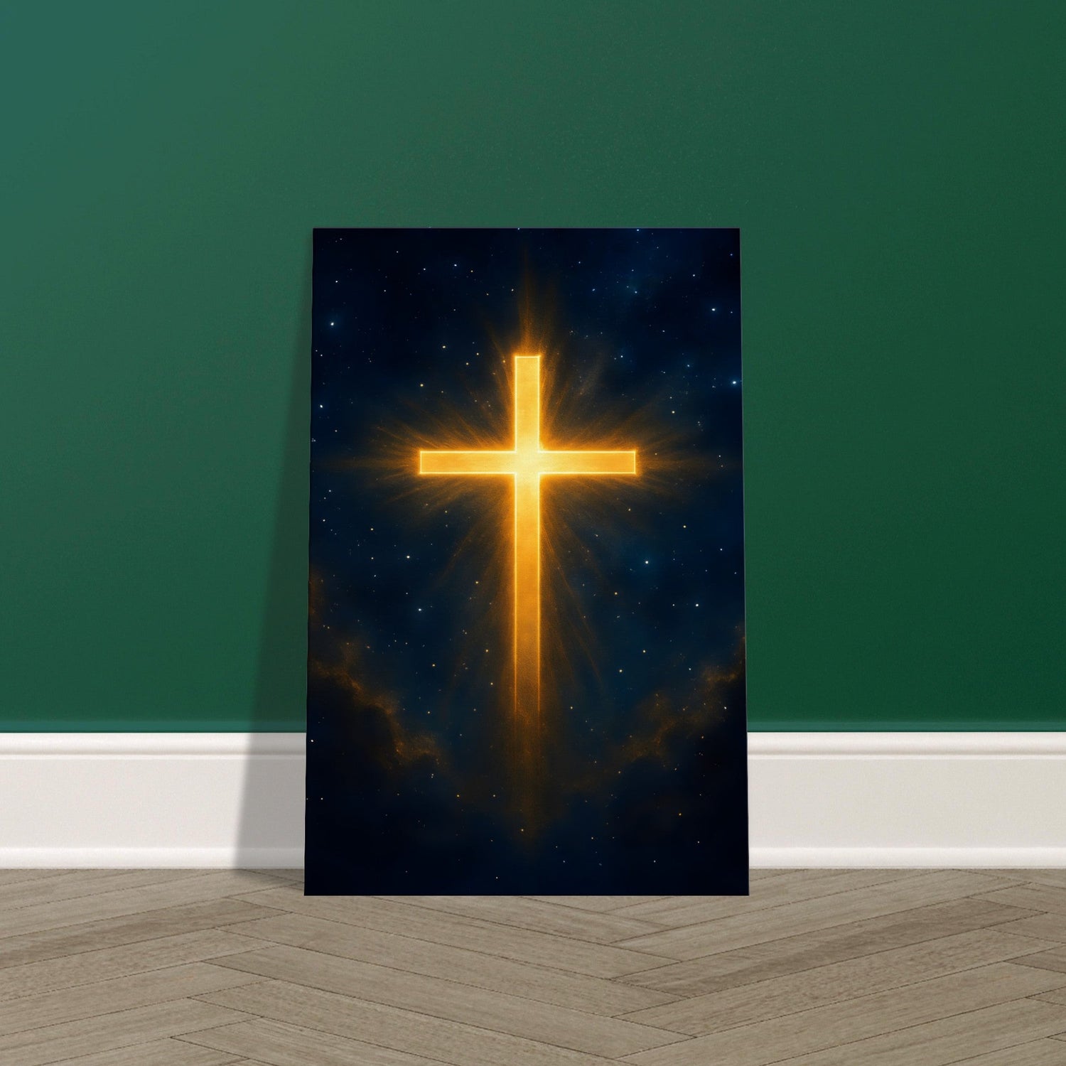 Golden cross glowing against a cosmic night sky with radiant beams. Displayed on premium quality canvas wall art print.