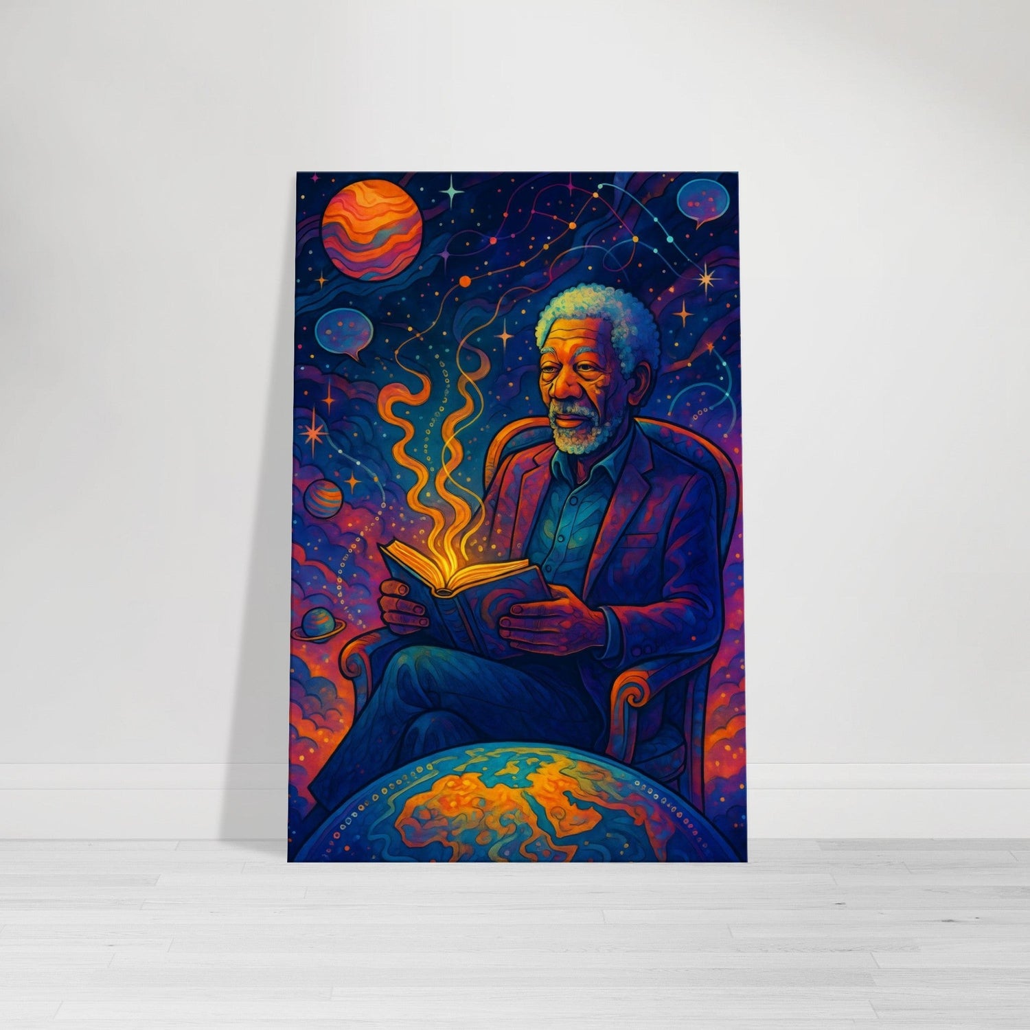 Cartoon of Morgan Freeman in an armchair floating in space, reading a glowing book as planets and digital code orbit around him.