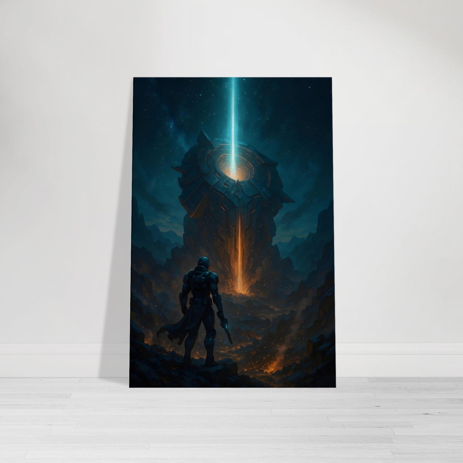 Armored warrior facing glowing crashed starship emitting a turquoise energy beam in rocky canyon.