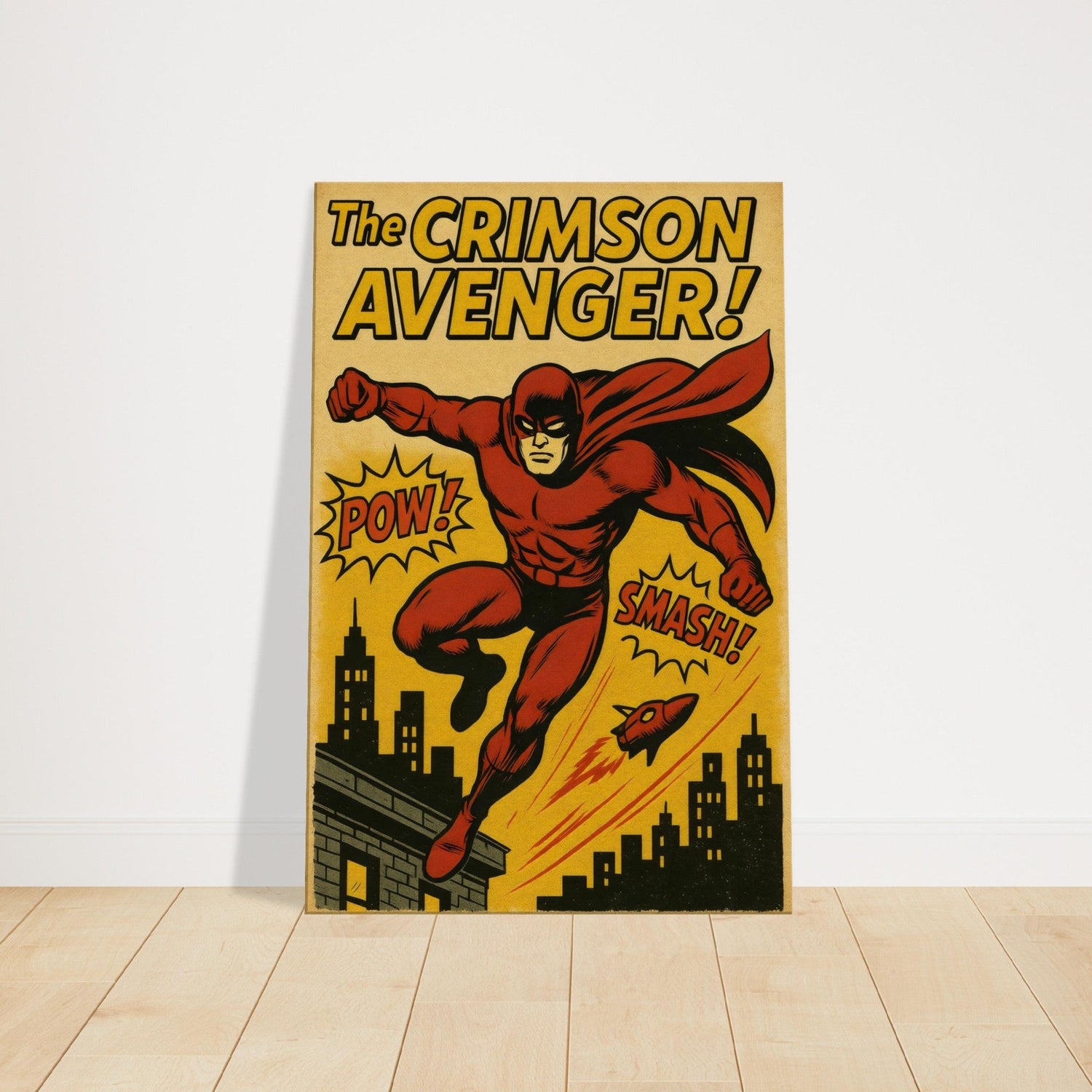 Vintage comic art of red-masked superhero leaping from rooftop with POW and SMASH bursts in classic halftone style.