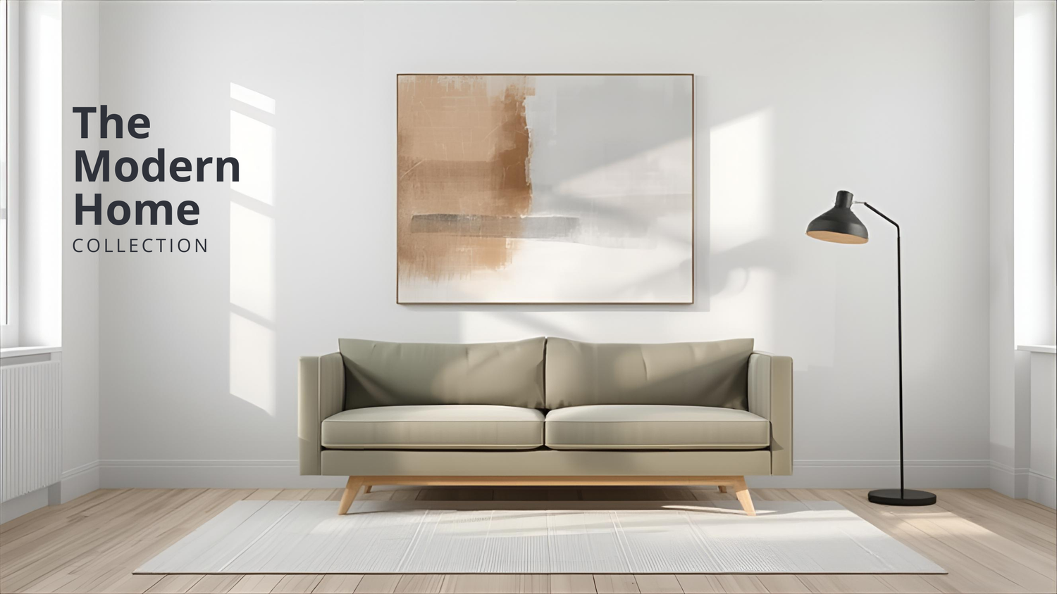 Modern living room with neutral beige sofa, minimalist floor lamp, and abstract beige and white canvas artwork showcasing The Modern Home Collection.