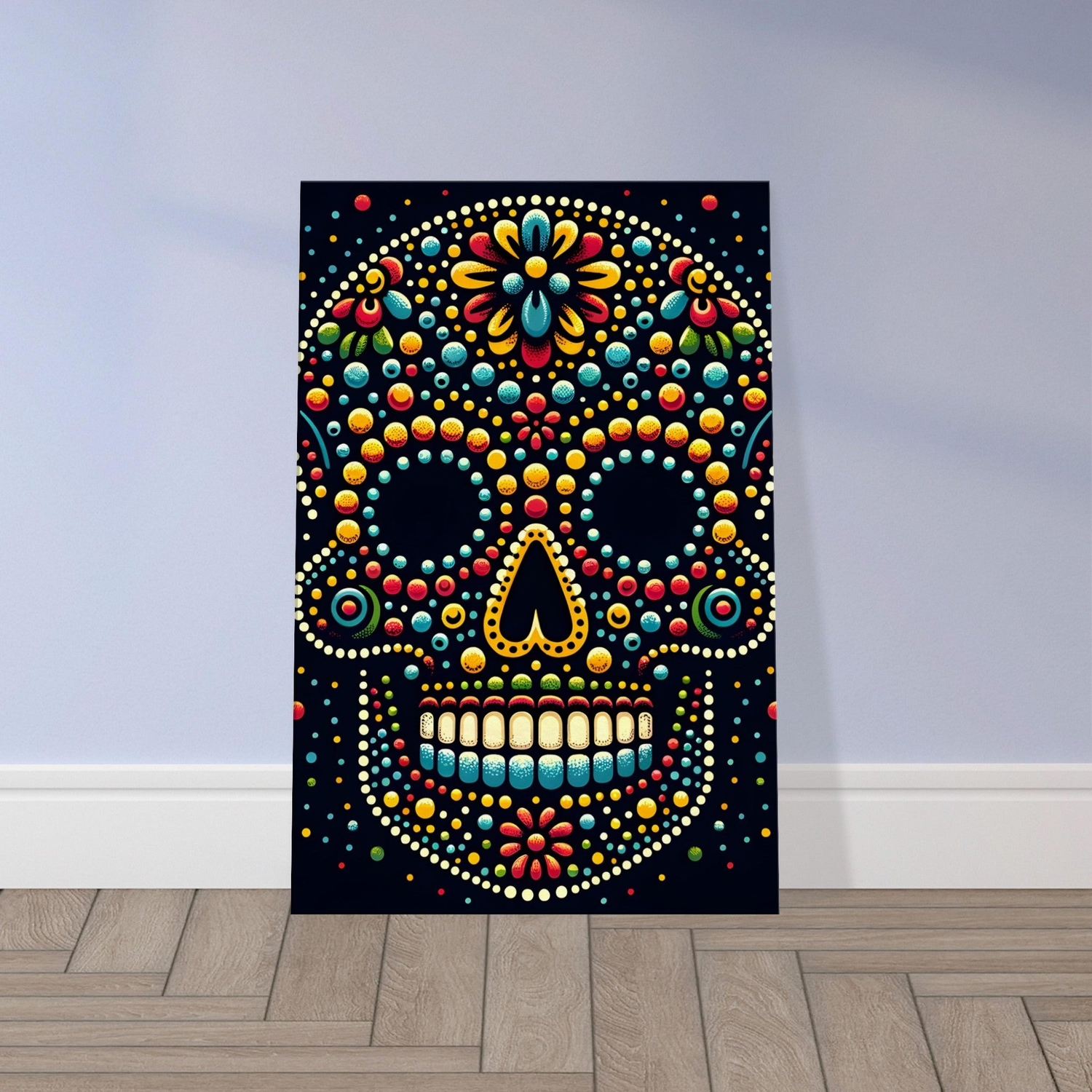 Traditional Mexican skull artwork with colorful dotted patterns on a dark background, inspired by folk art and Día de los Muertos.