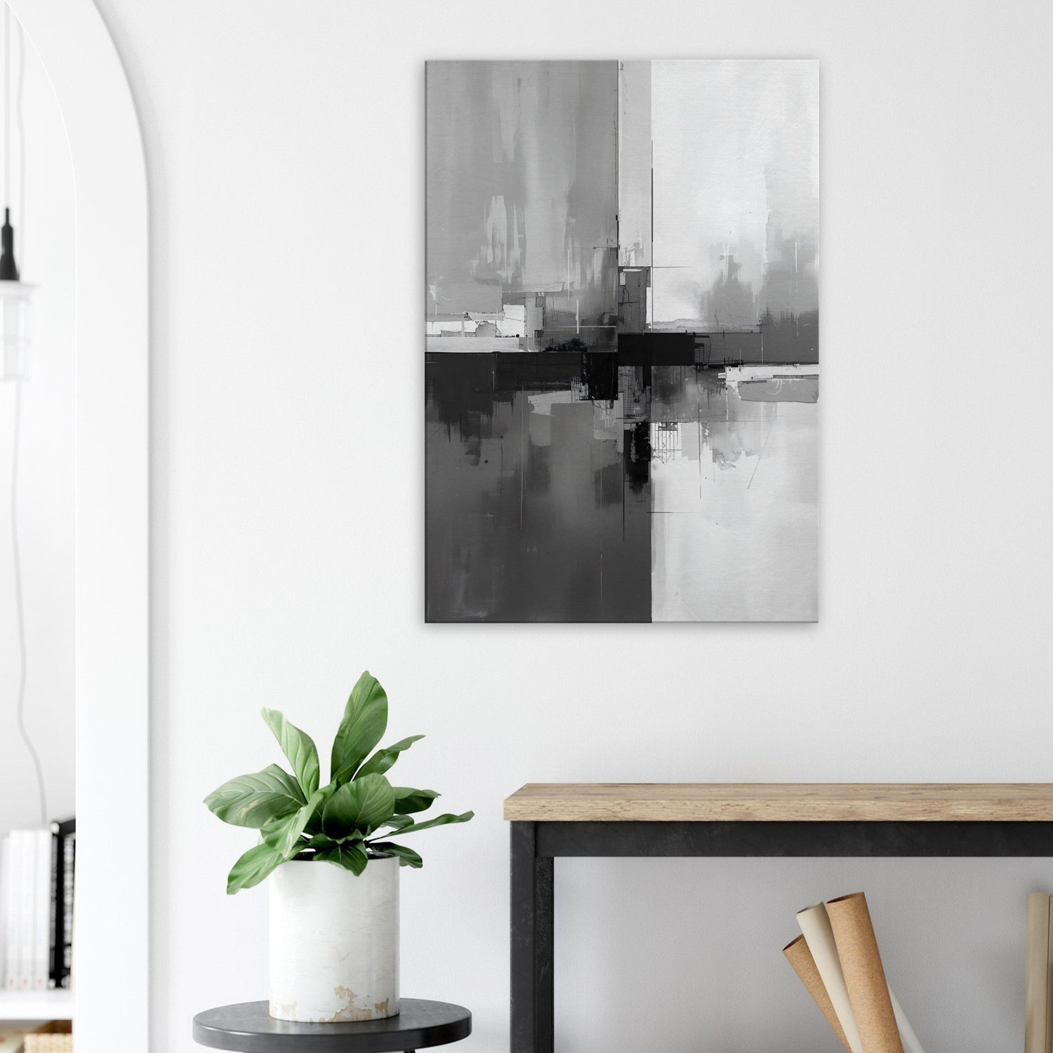 Portrait canvas with vertical abstract layers of steel, graphite, and muted white forming cityscape-inspired textures.