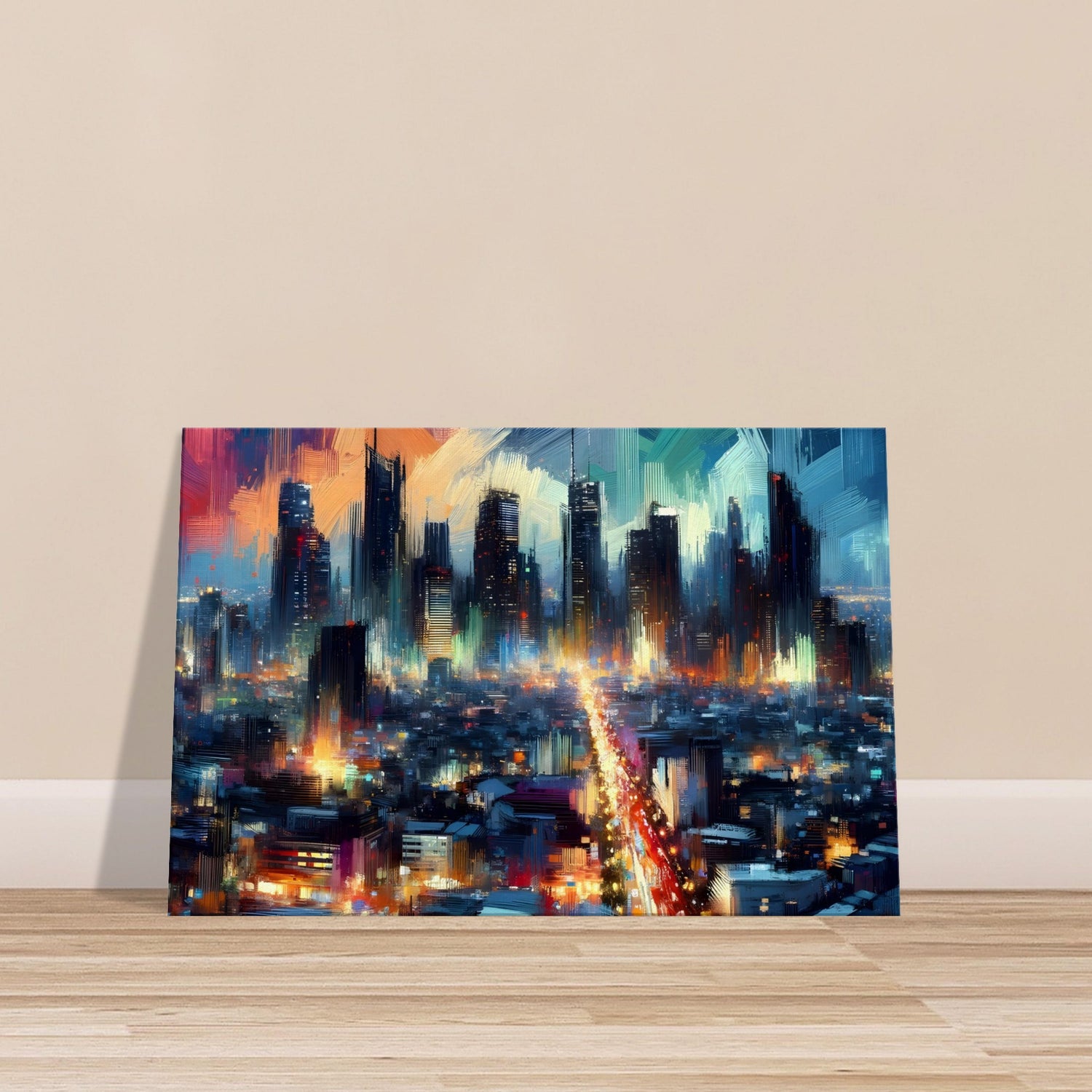 Brushed cityscape at night with glowing buildings and textured brush strokes