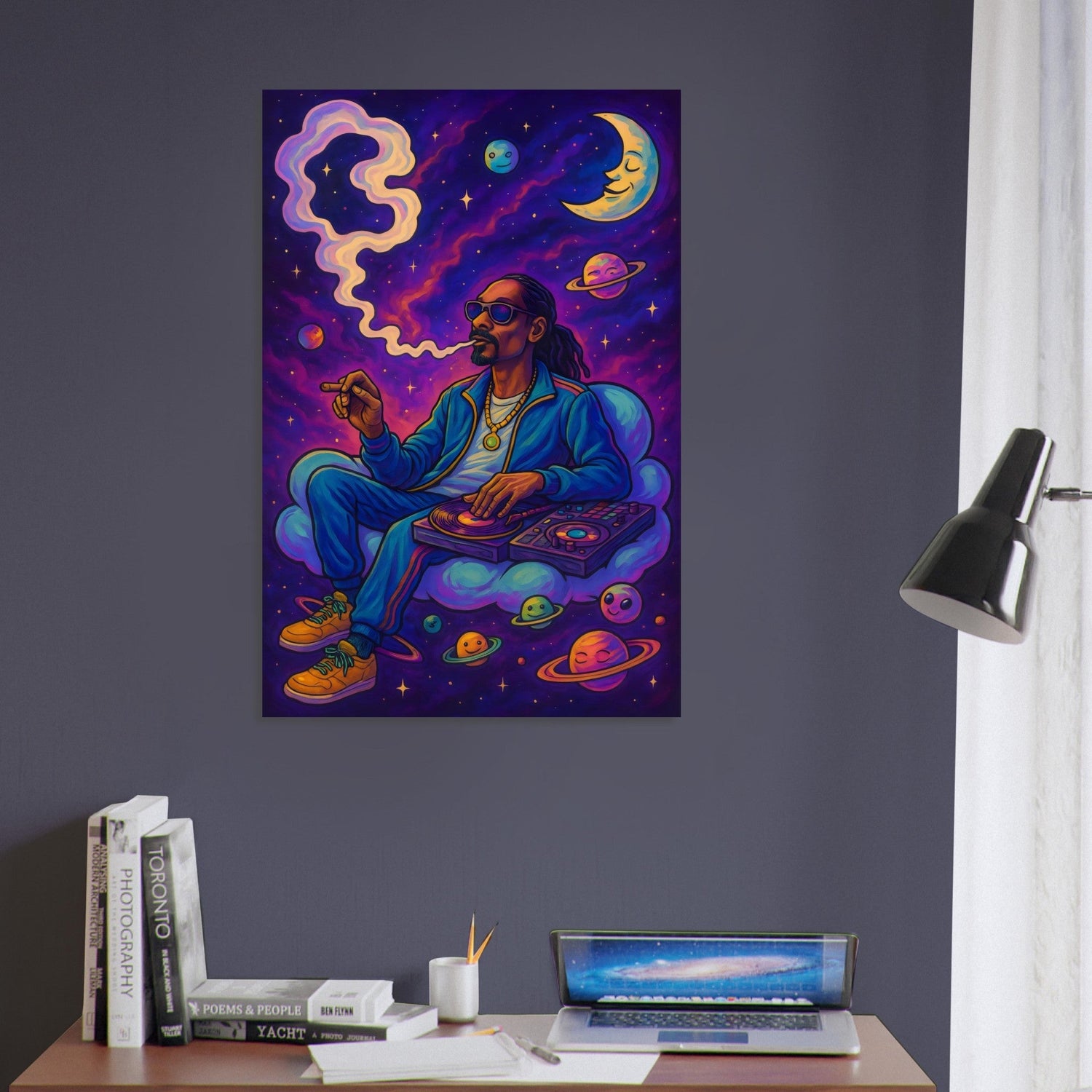 Cartoon of Snoop Dogg lounging on a cloud-shaped couch in a purple nebula, DJing for planets while smoke swirls through space.
