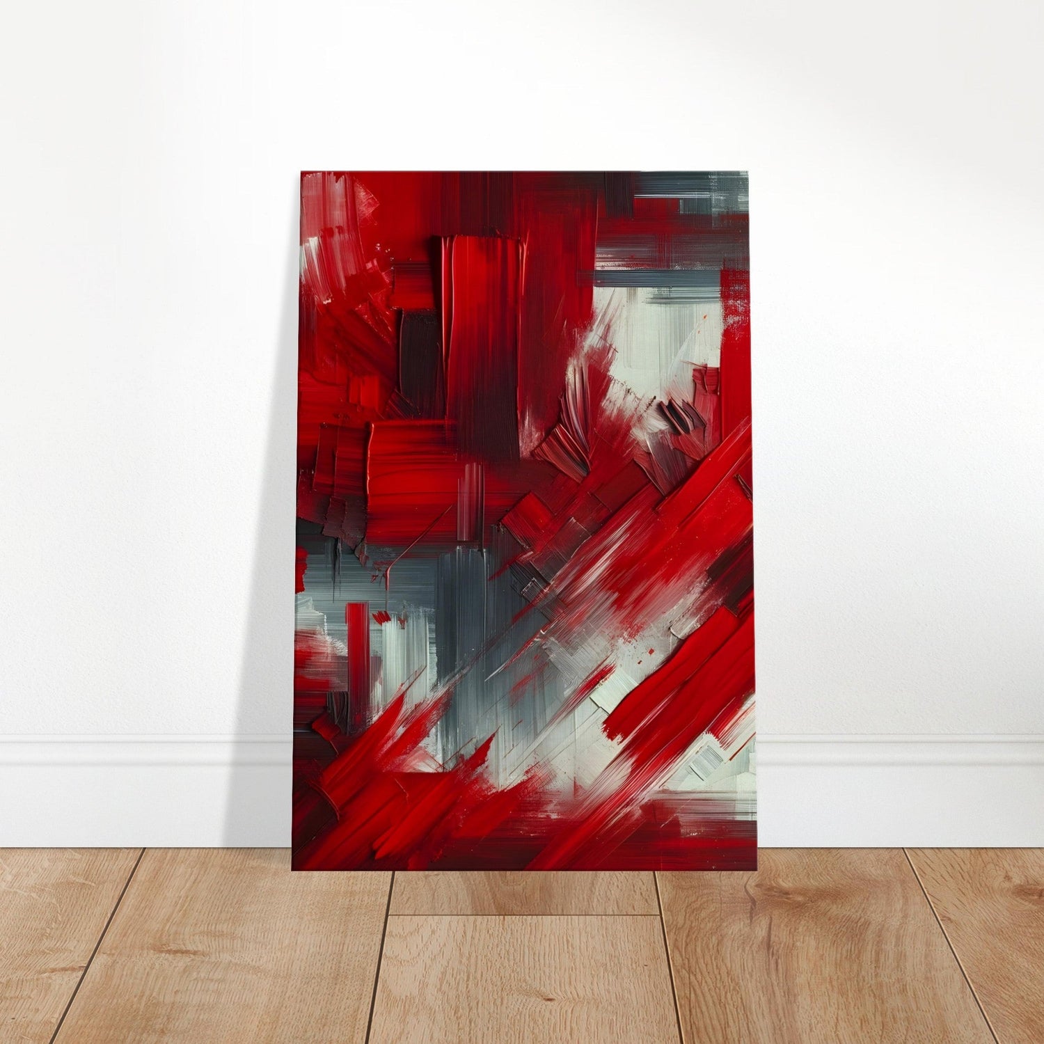 Abstract canvas with layered brushstrokes in maroon and scarlet reds, creating textured depth and vibrant movement.