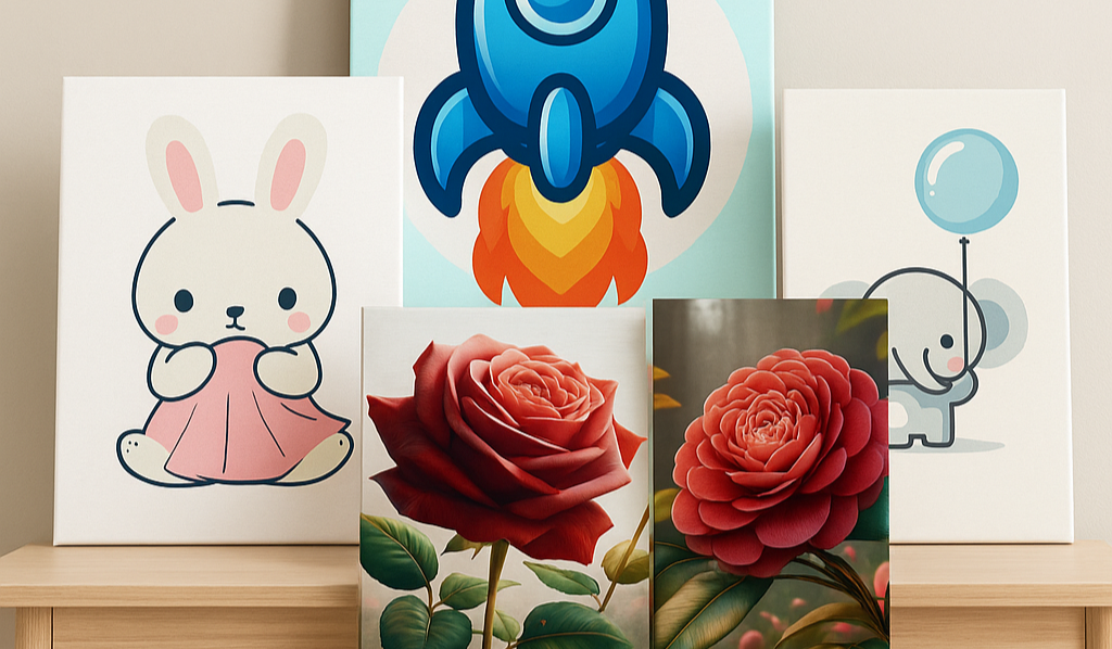Children's art prints on a wooden table with promotional text above.