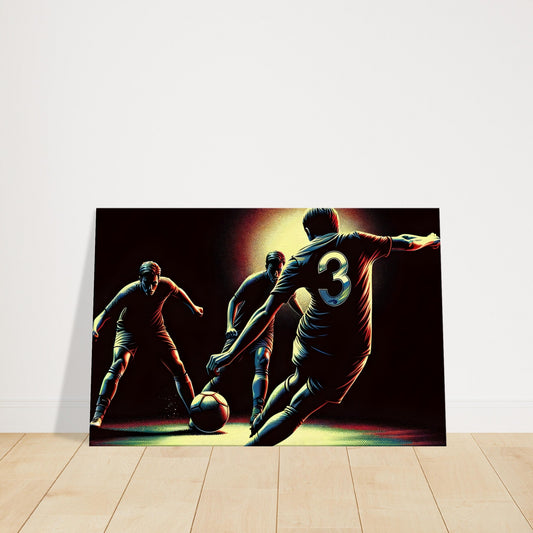Dynamic canvas print of two football defenders closing in on an opponent in a tactical tackle.