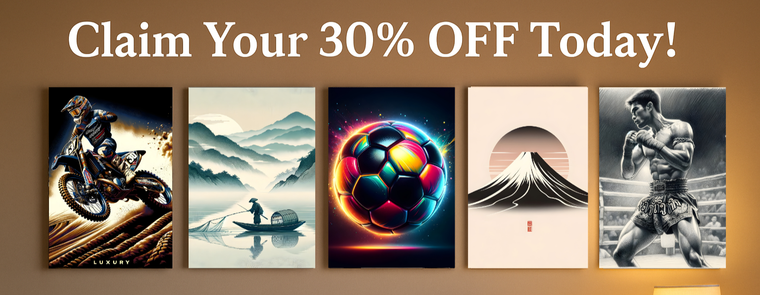 Promotional banner showing five canvas prints, motocross rider, futuristic football sphere, Muay Thai fighter, Mount Fuji minimal art, and a japanese fisherman, advertising 30% OFF canvas wall art with code 30OFFCANVAS, displayed in a cozy bedroom setting.