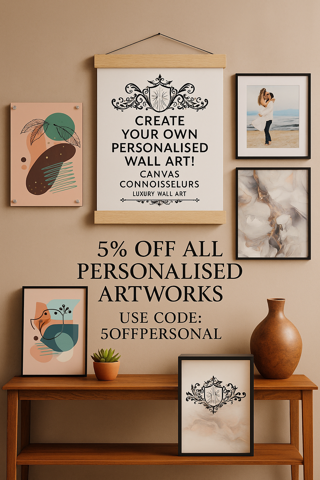 Wall with framed artworks and a wooden shelf displaying decor items, with promotional text overlay.