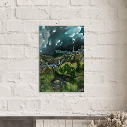 Canvas art reproduction of El Greco’s A View of Toledo, depicting a dramatic cityscape beneath a stormy, brooding sky with vivid colors and bold brushwork.
