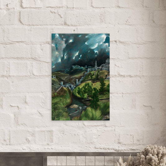 Canvas art reproduction of El Greco’s A View of Toledo, depicting a dramatic cityscape beneath a stormy, brooding sky with vivid colors and bold brushwork.