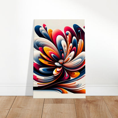 Abstract floral artwork with swirling patterns, bright colors, and stylized chrysanthemum or magnolia inspiration