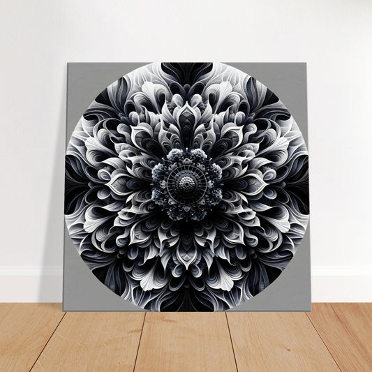 Abstract mandala artwork in grayscale, featuring geometric patterns transitioning from deep black to luminous white for bold contrast and elegance.