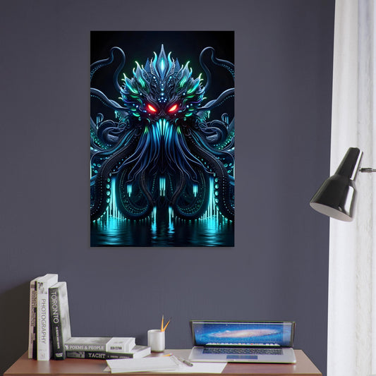 Metal poster of a glowing Kraken with neon blue and green tentacles and red eyes in a dark ocean abyss.