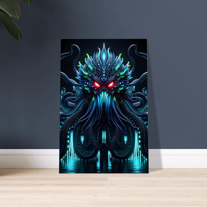 Artwork of a massive Kraken with glowing blue and green tentacles and red eyes in the dark depths of the ocean.
