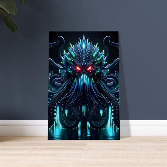 Artwork of a massive Kraken with glowing blue and green tentacles and red eyes in the dark depths of the ocean.