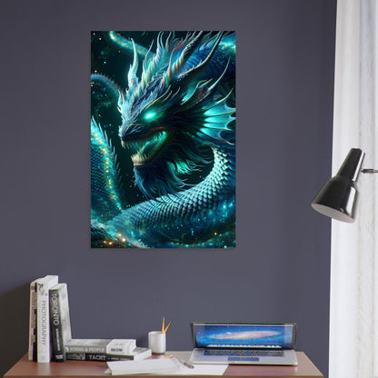 Metal poster of a glowing sea serpent coiled in dark ocean waters, with iridescent scales and surrounded by bioluminescent marine life.
