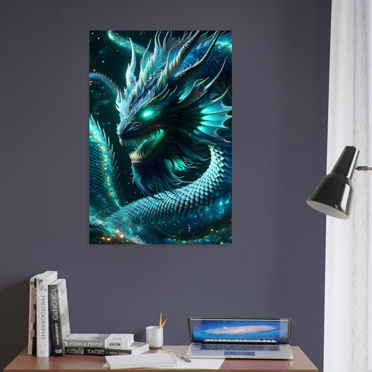 Metal poster of a glowing sea serpent coiled in dark ocean waters, with iridescent scales and surrounded by bioluminescent marine life.