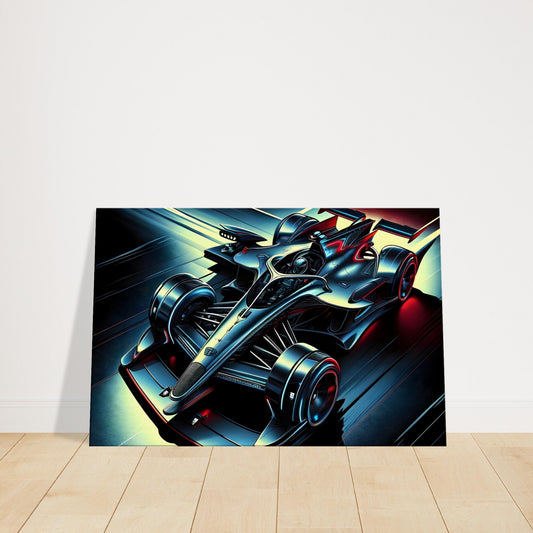 A sleek, futuristic racecar in a poised position with reflective surfaces and dramatic lighting highlighting its aerodynamic design.