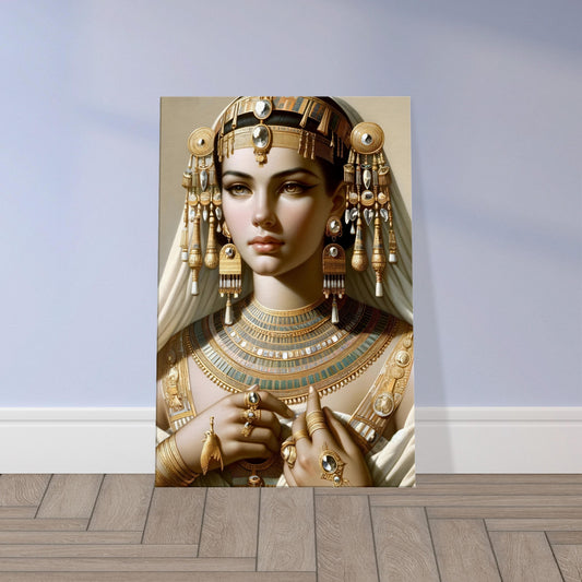 Ancient noblewoman wearing a gold and lapis collar, jeweled headpiece, and white linen robe, portrayed in regal and serene detail.