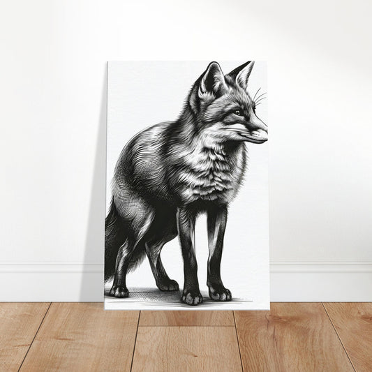 Pencil sketch of an agile fox with sharp ears and bushy tail, rendered in detailed monochrome.