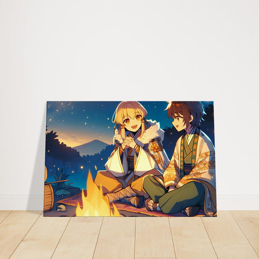 Anime characters Aiko and a friend sitting by a glowing campfire beneath a starry forest sky.