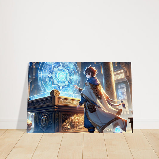 Aiko inside an ancient temple, interacting with a glowing mystical artifact surrounded by ornate details.