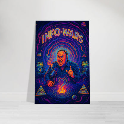 Cartoon of Alex Jones broadcasting from a psychedelic radio vortex, with conspiracy symbols, frogs in suits, and glowing pyramids swirling around him.