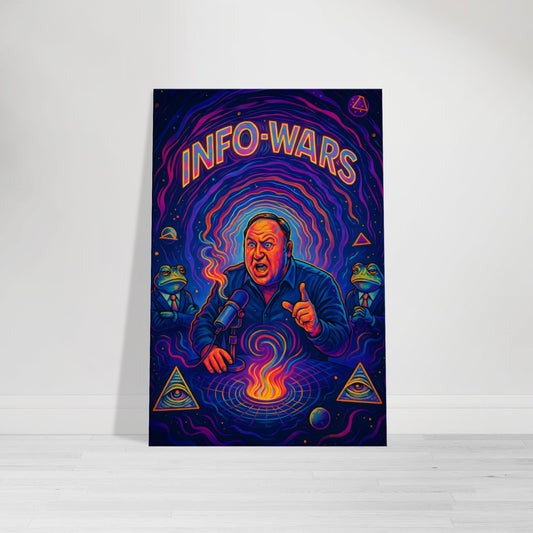 Cartoon of Alex Jones broadcasting from a psychedelic radio vortex, with conspiracy symbols, frogs in suits, and glowing pyramids swirling around him.