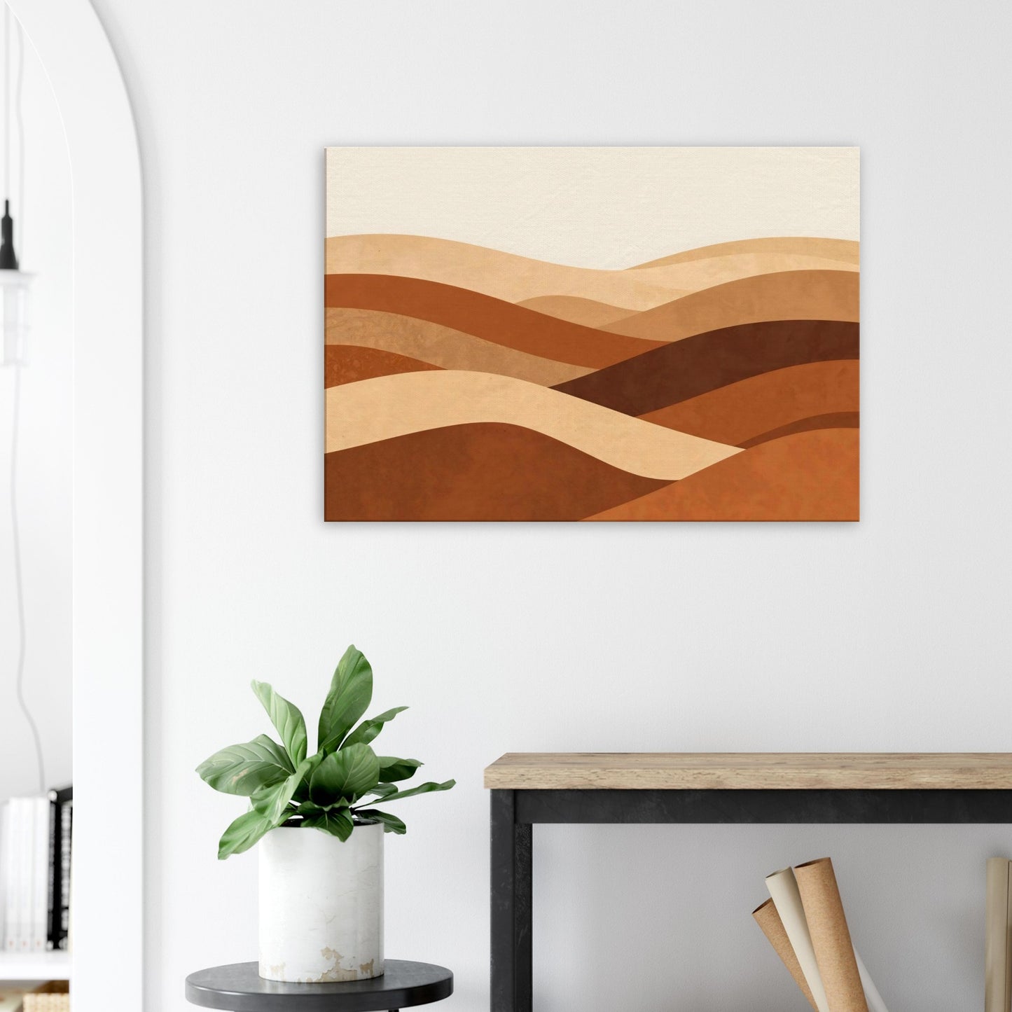 Landscape abstract canvas featuring warm amber, honey beige, and soft stone layers.