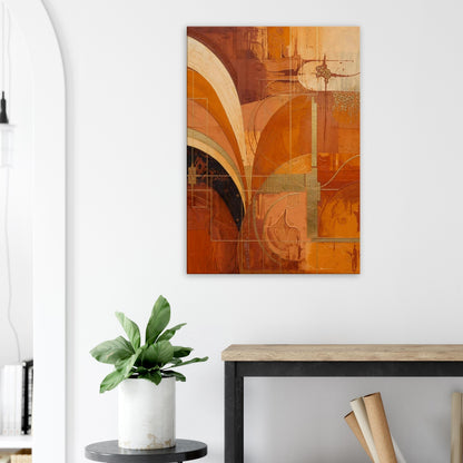 Warm textured canvas abstract artwork featuring amber, sienna, and ochre geometric arches.